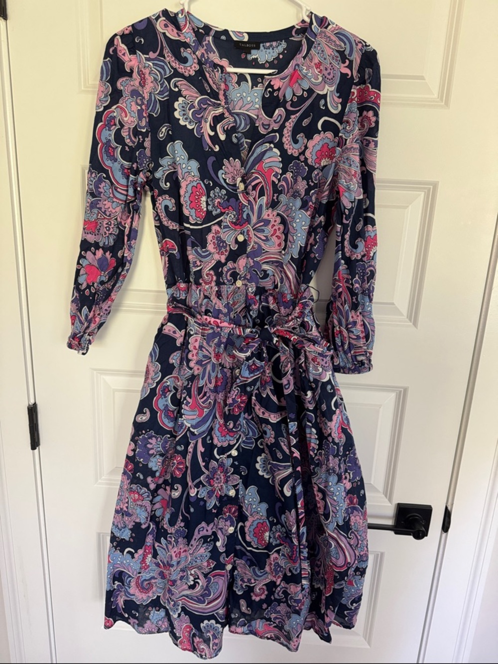 Talbots Navy Paisley Button Midi Dress with Pink & Lavender with pockets